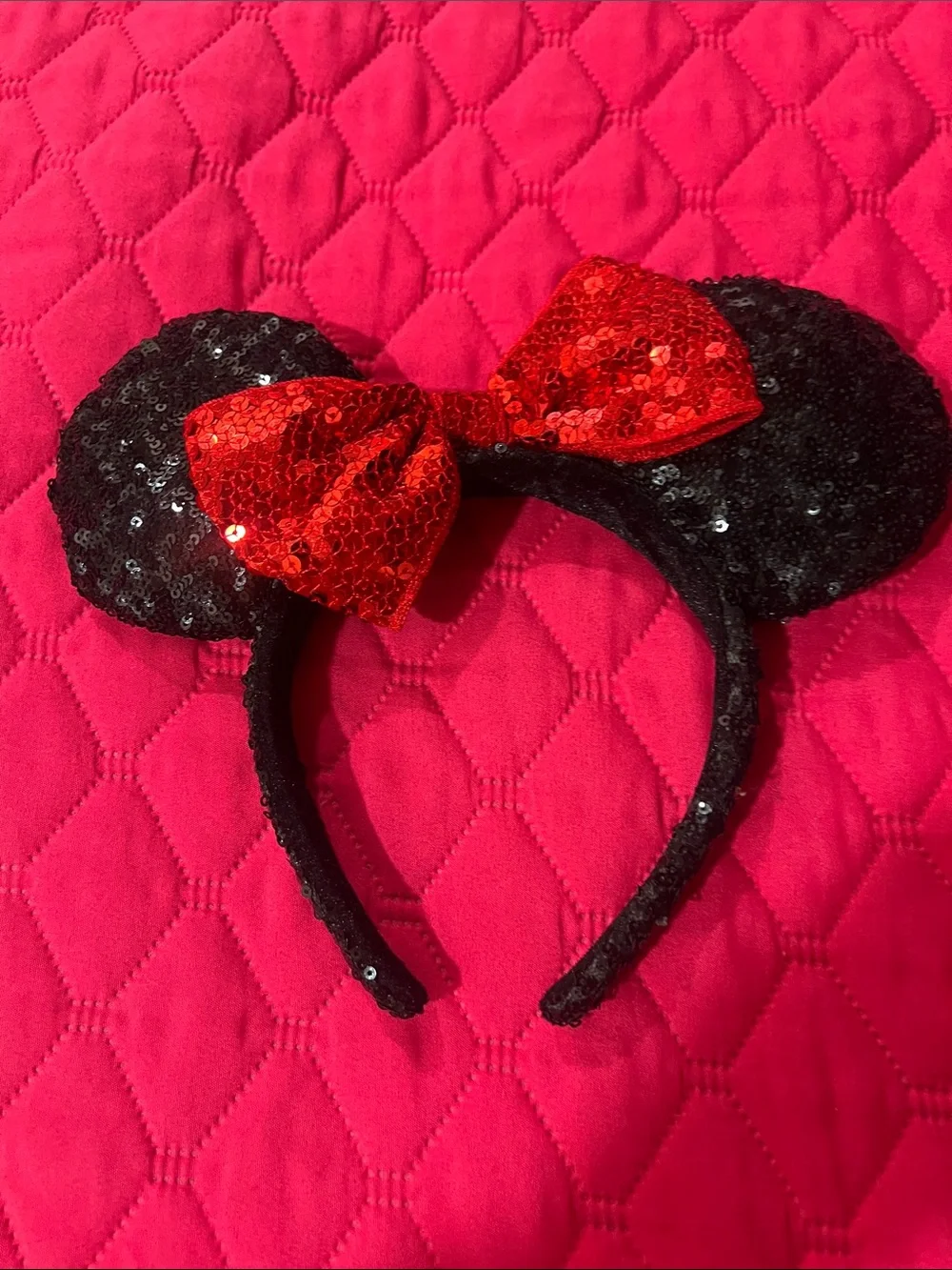 Black Sequin Mouse Ear Headband with Red Sequin Bow